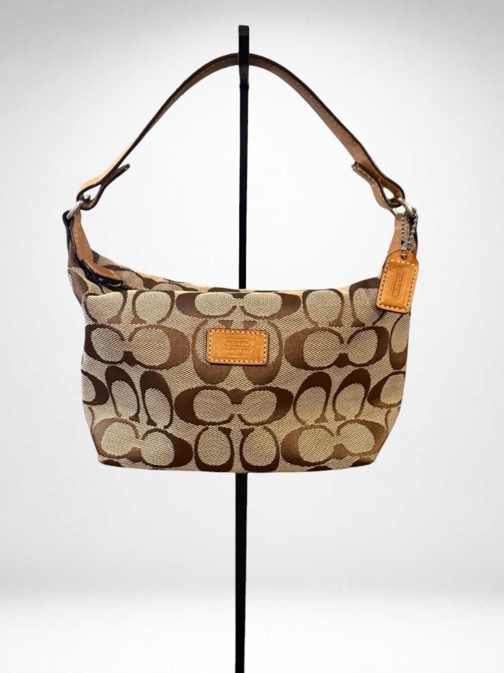 COACH Signature Mini Hobo Shoulder Bag Women’s Canvas Leather Brown Khaki Y2K